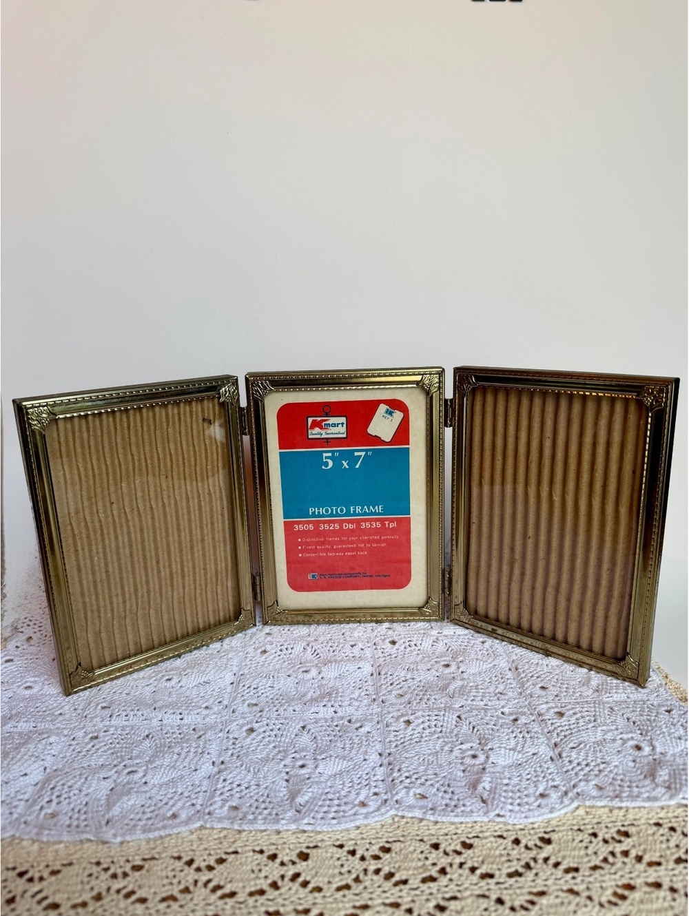 Vintage Kmart Gold Triple 5x7 Picture Frame Folding Ornate S.S. Kresge